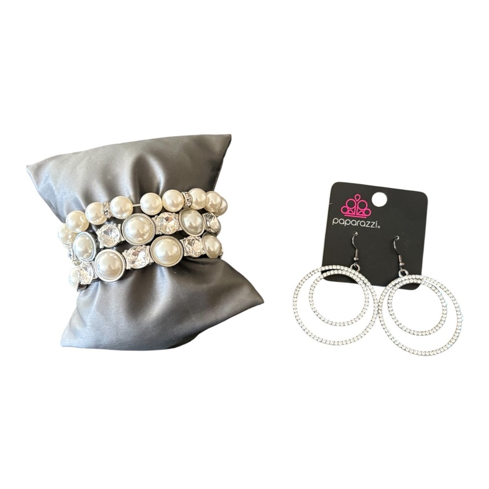 Paparazzi Pearl Rhinestone Bracelet and Double Hoop Earrings Set‎ Silver White